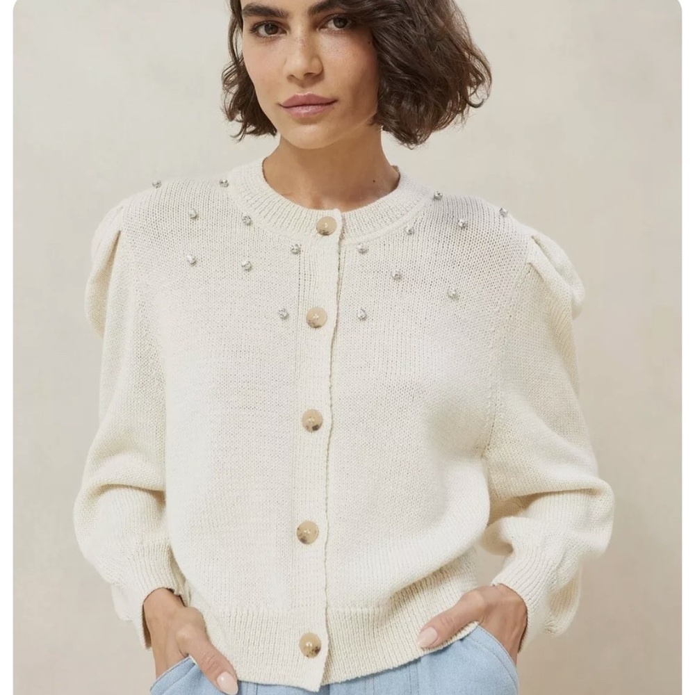 NWT Loeffler Randall Cream Kim Embellished Puff Sleeve Cardigan Sweater Size S